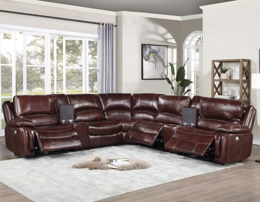 Merlot Dual-Power 6-Piece Leather Sectional, Brown